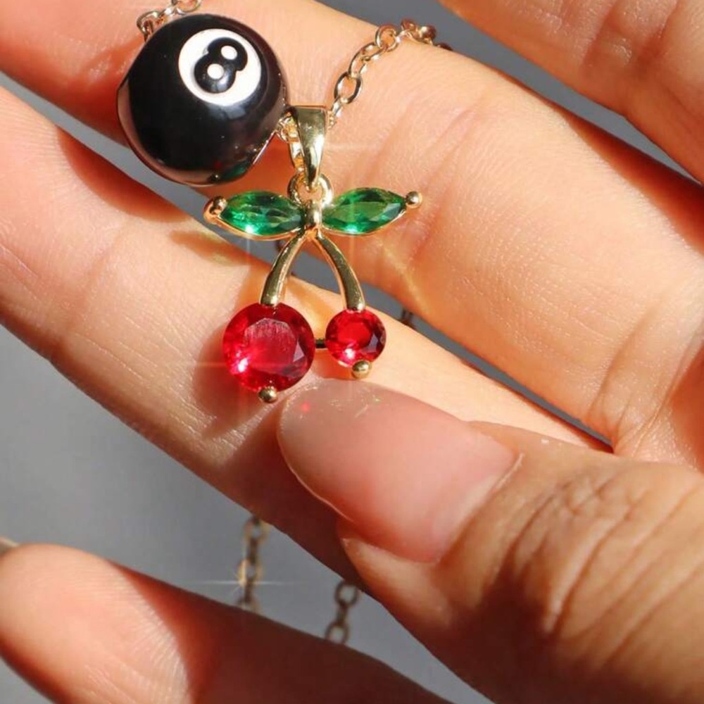 Cherry Pendant Necklace with Black Eight Ball Charm